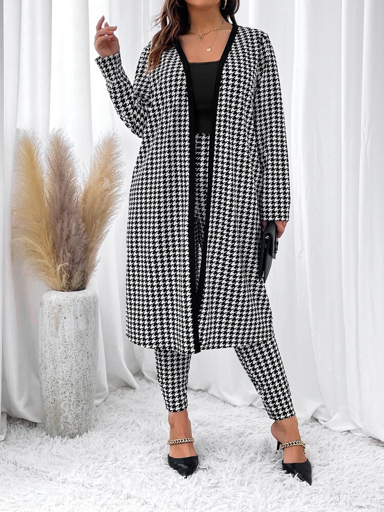 SHEIN Clasi Manteau à pied-de-poule ouvert et Top à fines brides & Legging - Noir et Blanc - Voir 6