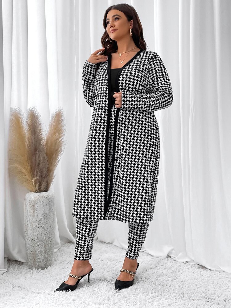 SHEIN Clasi Manteau à pied-de-poule ouvert et Top à fines brides & Legging - Noir et Blanc - Voir 2