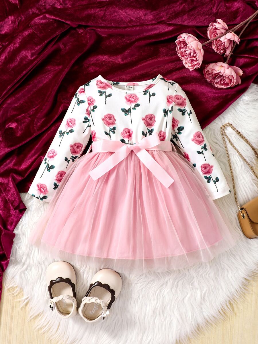 嬰兒印花網紗邊繫腰帶連衣裙 - 彩色 - 查看 1