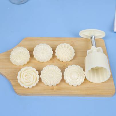 7pcs/set Cake Press Mold, Mung Bean Cake Model Printer, Hand-pressed Ice-skin Embossed Mold For Baking