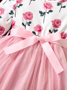 嬰兒印花網紗邊繫腰帶連衣裙 - 彩色 - 查看 4