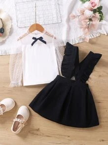 SHEIN Bộ thời trang bé gái Tương phản Mesh Xù Nơ Bướm Khối Màu Dễ thương - Màu xanh hải quân - Xem 1