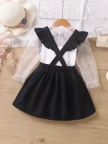 SHEIN Bộ thời trang bé gái Tương phản Mesh Xù Nơ Bướm Khối Màu Dễ thương - Màu xanh hải quân - Xem 2