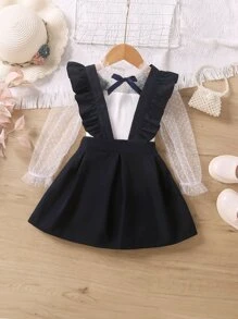 SHEIN Bộ thời trang bé gái Tương phản Mesh Xù Nơ Bướm Khối Màu Dễ thương - Màu xanh hải quân - Xem 5