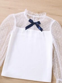 SHEIN Bộ thời trang bé gái Tương phản Mesh Xù Nơ Bướm Khối Màu Dễ thương - Màu xanh hải quân - Xem 7