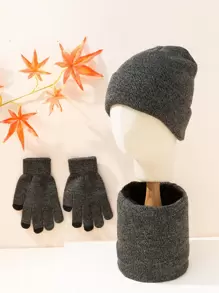 Men Plush Lined Infinity Scarf & Gloves & Beanie - Grey - View 1