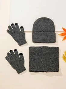 Men Plush Lined Infinity Scarf & Gloves & Beanie - Grey - View 2