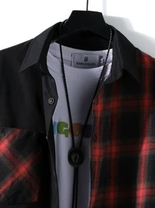 Manfinity Homme 男士格紋補丁貼口袋襯衫和褲子不帶T恤 - 黑色 - 查看 4