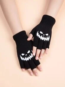 1Pair Cute Fashionable Cartoon Graphic Fingerless Gloves Halloween - Black - View 1