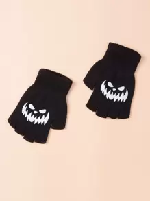 1Pair Cute Fashionable Cartoon Graphic Fingerless Gloves Halloween - Black - View 2