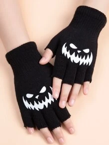 1Pair Cute Fashionable Cartoon Graphic Fingerless Gloves Halloween - Black - View 3