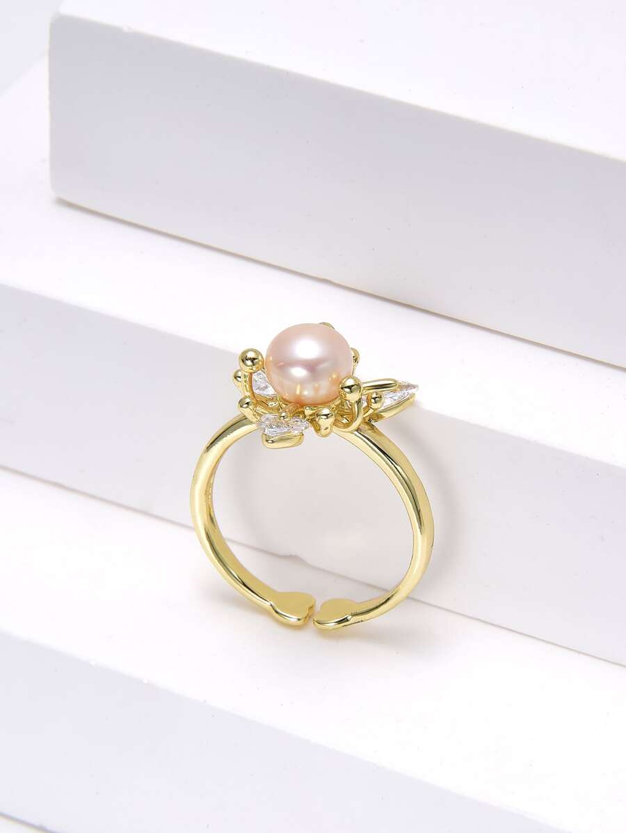 Cubic Zirconia & Faux Pearl Decor Ring - Yellow Gold - View 1