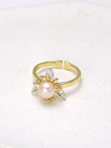 Cubic Zirconia & Faux Pearl Decor Ring - Yellow Gold - View 2