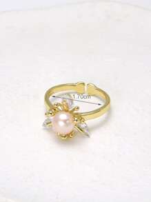 Cubic Zirconia & Faux Pearl Decor Ring - Yellow Gold - View 3