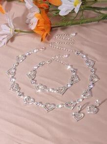 全闪亮水钻首饰套装空心心形珠子颈链和吊坠耳环和链式手链可调节首饰配饰情人节礼物 - 銀色 - 查看 5