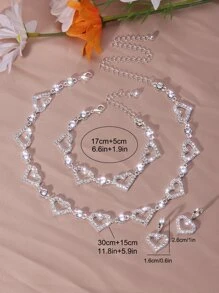 全闪亮水钻首饰套装空心心形珠子颈链和吊坠耳环和链式手链可调节首饰配饰情人节礼物 - 銀色 - 查看 6