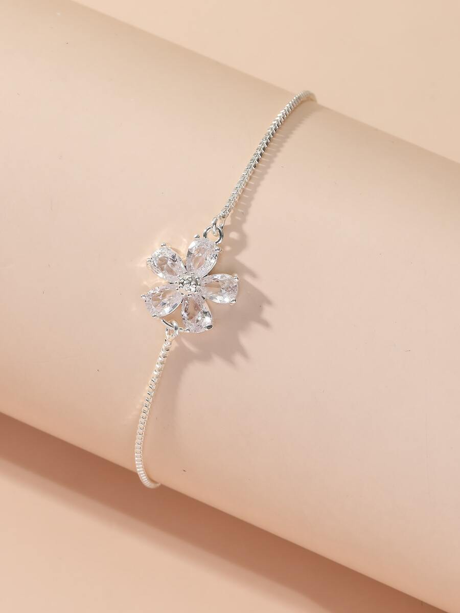 1 chiếc vòng tay rút dây có thể điều chỉnh bằng đồng và đá Cubic Zirconia hình hoa dành cho phụ nữ, hoàn hảo để đeo hàng ngày, hẹn hò và tiệc tùng ngày lễ tình nhân - Bạc - Xem 1