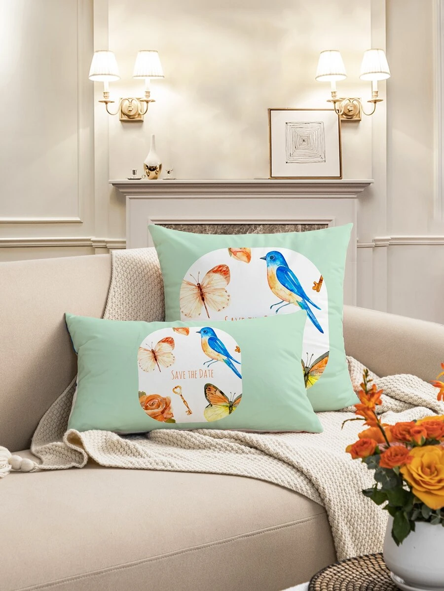 1pc Bird & Butterfly Print Cushion Cover Without Filler - Multicolor - View 1