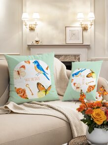 1pc Bird & Butterfly Print Cushion Cover Without Filler - Multicolor - View 2