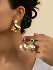 3 pares Pendientes con diseño de diamante de imitación y perla artificial - Multicolor - Ver 1