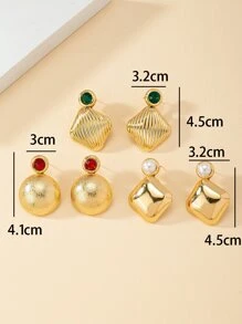 3 pares Pendientes con diseño de diamante de imitación y perla artificial - Multicolor - Ver 6