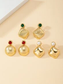 3 pares Pendientes con diseño de diamante de imitación y perla artificial - Multicolor - Ver 2