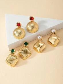 3 pares Pendientes con diseño de diamante de imitación y perla artificial - Multicolor - Ver 3