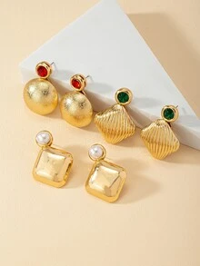 3 pares Pendientes con diseño de diamante de imitación y perla artificial - Multicolor - Ver 4