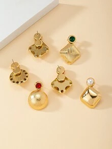 3 pares Pendientes con diseño de diamante de imitación y perla artificial - Multicolor - Ver 5