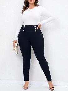 SHEIN Franclia Quần Plus Size Chia Nút phía trước màu trơn Thanh lịch - Màu xanh hải quân - Xem 1