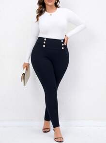 SHEIN Franclia Quần Plus Size Chia Nút phía trước màu trơn Thanh lịch - Màu xanh hải quân - Xem 3