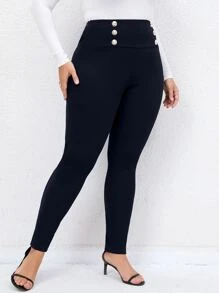 SHEIN Franclia Quần Plus Size Chia Nút phía trước màu trơn Thanh lịch - Màu xanh hải quân - Xem 4