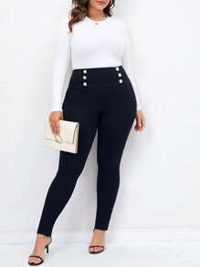 SHEIN Franclia Quần Plus Size Chia Nút phía trước màu trơn Thanh lịch - Màu xanh hải quân - Xem 5