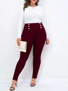 SHEIN Clasi 大碼寬腰帶雙排釦緊身褲 - 紫紅色 - 查看 4