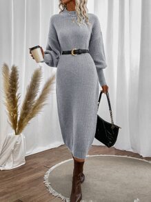 SHEIN Privé Mock Neck Drop Shoulder Jumper Dress Without Belt - Light Grey - View 1