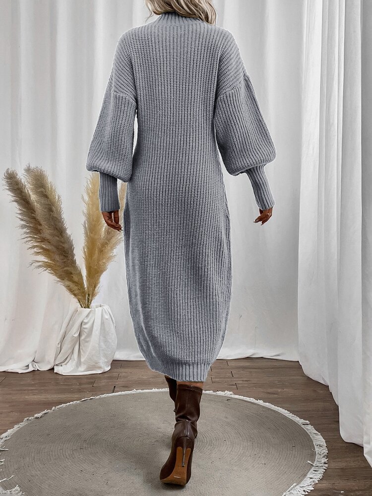 SHEIN Privé Mock Neck Drop Shoulder Sweater Dress Without Belt - Light Grey - View 2