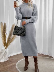 SHEIN Privé Mock Neck Drop Shoulder Jumper Dress Without Belt - Light Grey - View 3