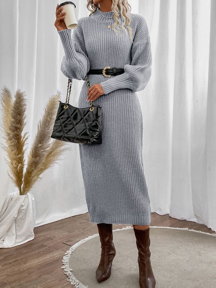 SHEIN Privé Mock Neck Drop Shoulder Sweater Dress Without Belt - Light Grey - View 3