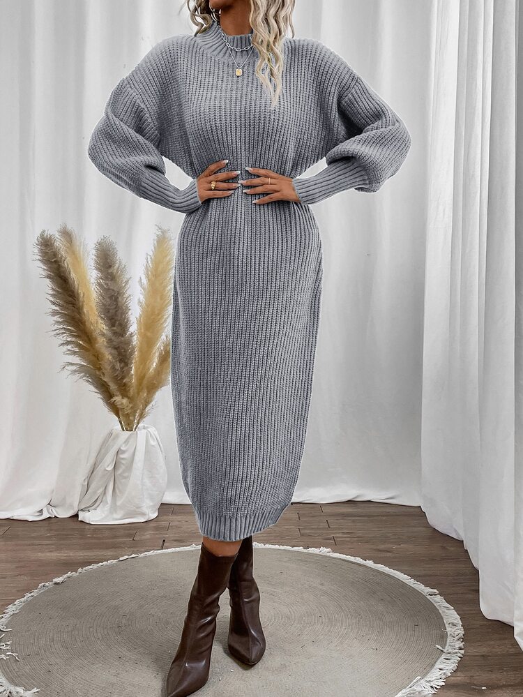 SHEIN Privé Mock Neck Drop Shoulder Sweater Dress Without Belt - Light Grey - View 4