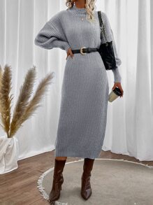 SHEIN Privé Mock Neck Drop Shoulder Jumper Dress Without Belt - Light Grey - View 5