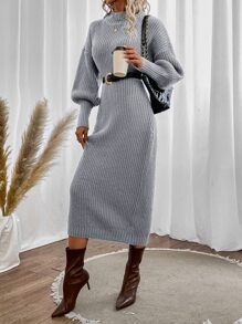 SHEIN Privé Mock Neck Drop Shoulder Jumper Dress Without Belt - Light Grey - View 6