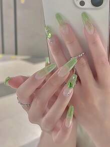 Nâng tầm phong cách của bạn với 24 chiếc quan tài dài màu xanh lá cây ombre đính đá trang trí hình trái tim Móng tay giả & 1 dũa móng tay & 1 tờ băng ép trên móng tay Đồ dùng làm móng - màu xanh lá - Xem 1