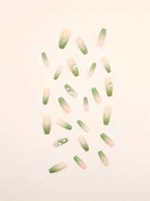 Nâng tầm phong cách của bạn với 24 chiếc quan tài dài màu xanh lá cây ombre đính đá trang trí hình trái tim Móng tay giả & 1 dũa móng tay & 1 tờ băng ép trên móng tay Đồ dùng làm móng - màu xanh lá - Xem 4