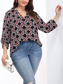 SHEIN LUNE Plus Geo Print Roll Tab Sleeve Blouse - Multicolor - View 3