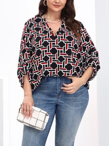 SHEIN LUNE Plus Geo Print Roll Tab Sleeve Blouse - Multicolor - View 6