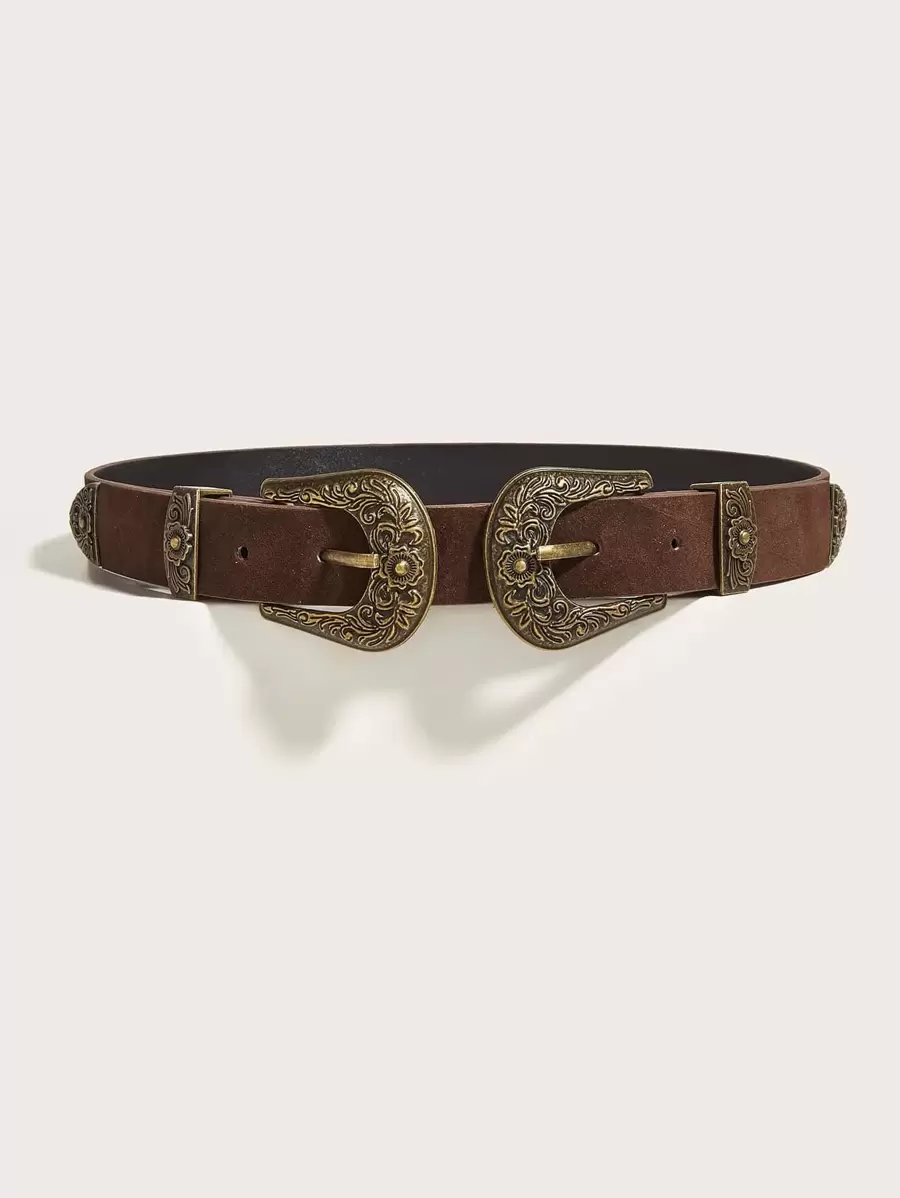 Boho Western Scroll Engraved Metal Buckle Belt Dress Belt Halloween Summer, School Fall, Autumn, Halloween - Brown - View 1