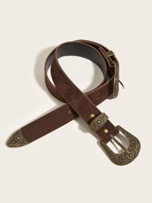 Boho Western Scroll Engraved Metal Buckle Belt Dress Belt Halloween Summer, School Fall, Autumn, Halloween - Brown - View 2