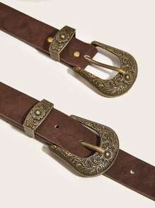 Boho Western Scroll Engraved Metal Buckle Belt Dress Belt Halloween Summer, School Fall, Autumn, Halloween - Brown - View 4