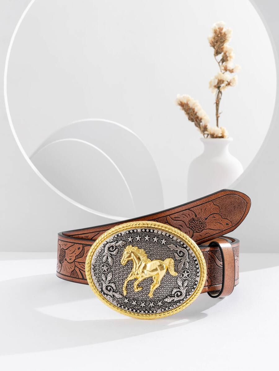 Thắt lưng hình bầu dục trang trí ngựa nổi hoa - màu nâu - Xem 1