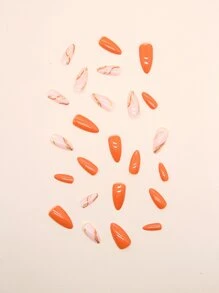 提升你風格帶24入組長款杏仁橘色素色線金屬亮絲假指甲和1入組指甲銼和1張膠帶